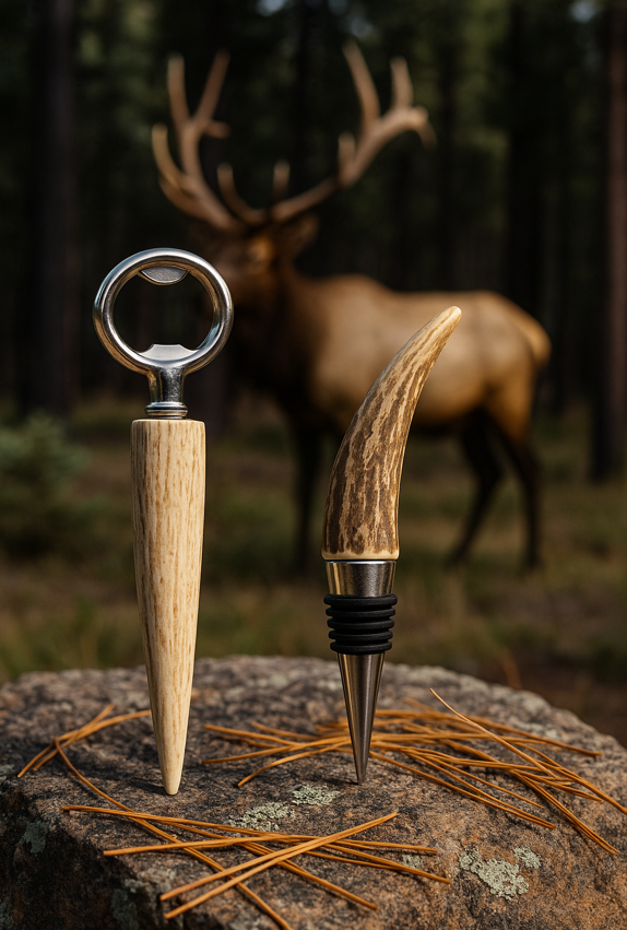 Elk Antler Bottle Opener & Wine Stopper Set – Handcrafted in Idaho